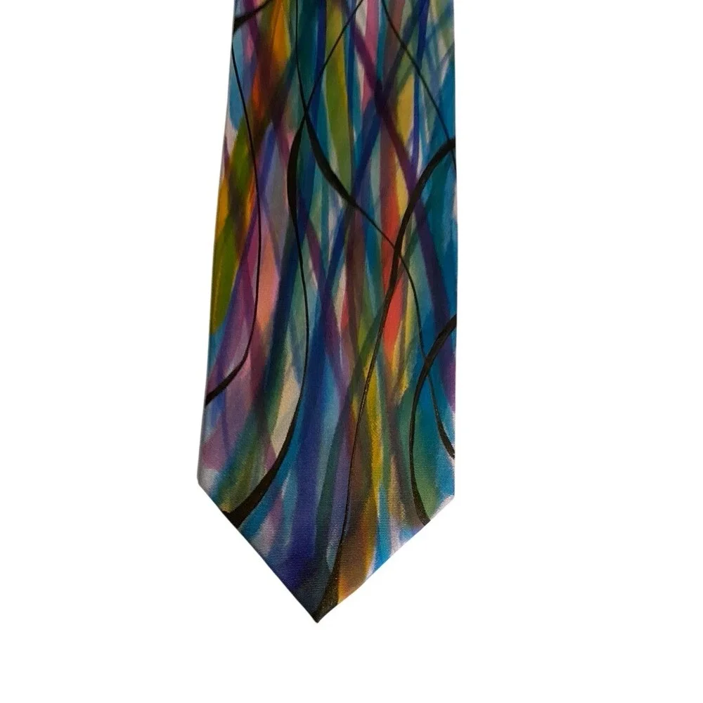 L. Navy Mens Silk Tie Abstract Multicolor Hand Made Wavy Line Pattern